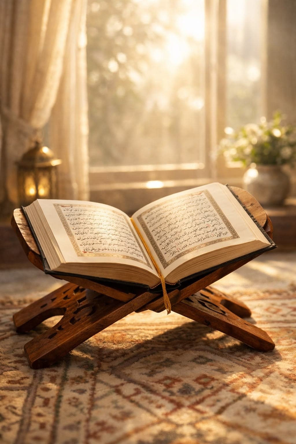 A muṣḥaf at rest on a wooden raḥle.
